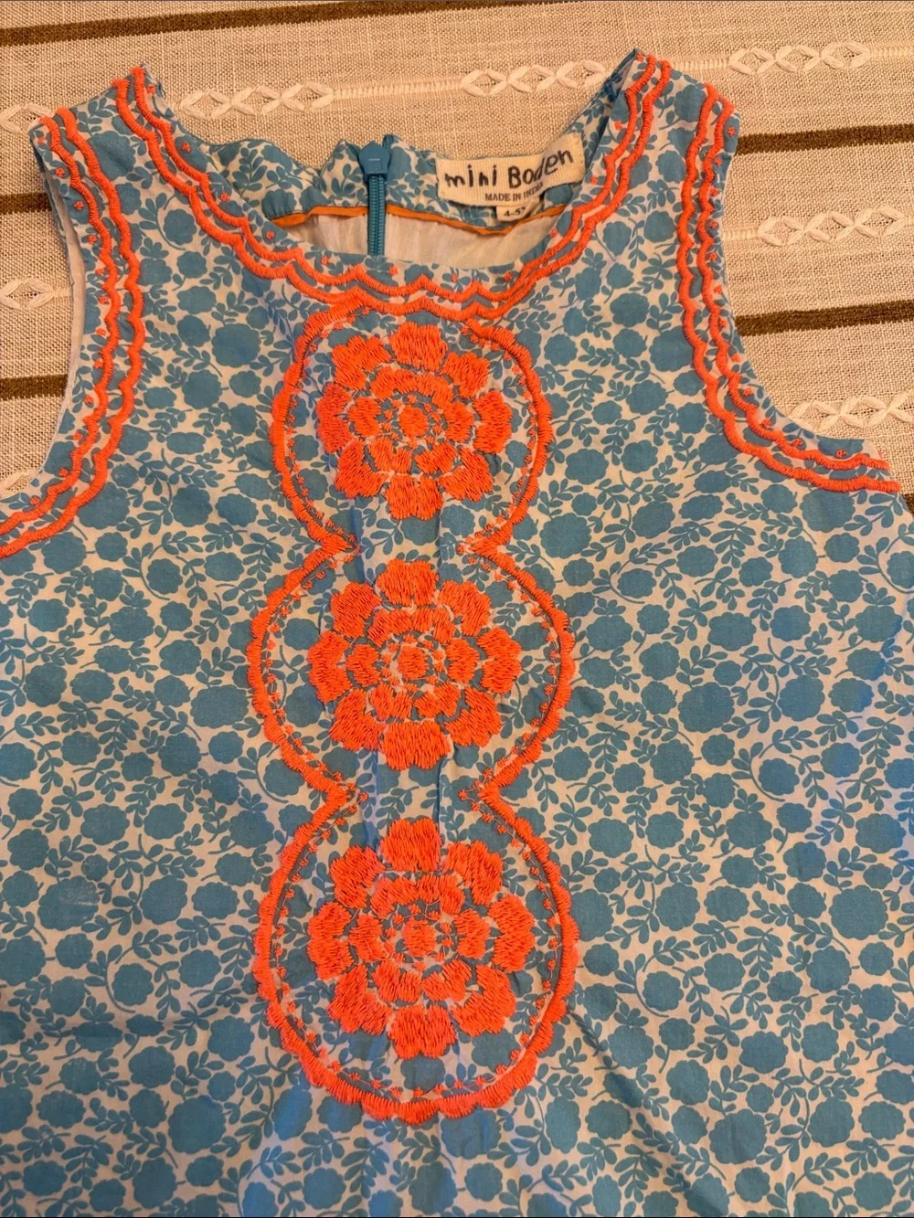 Mini Boden Blue Floral Dress with Coral Embroidery